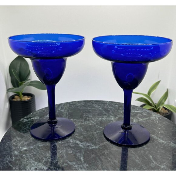 Vintage Pier 1 Cobalt Blue Glass Margarita Cocktail Goblets Set Of 2 - Picture 4 of 15